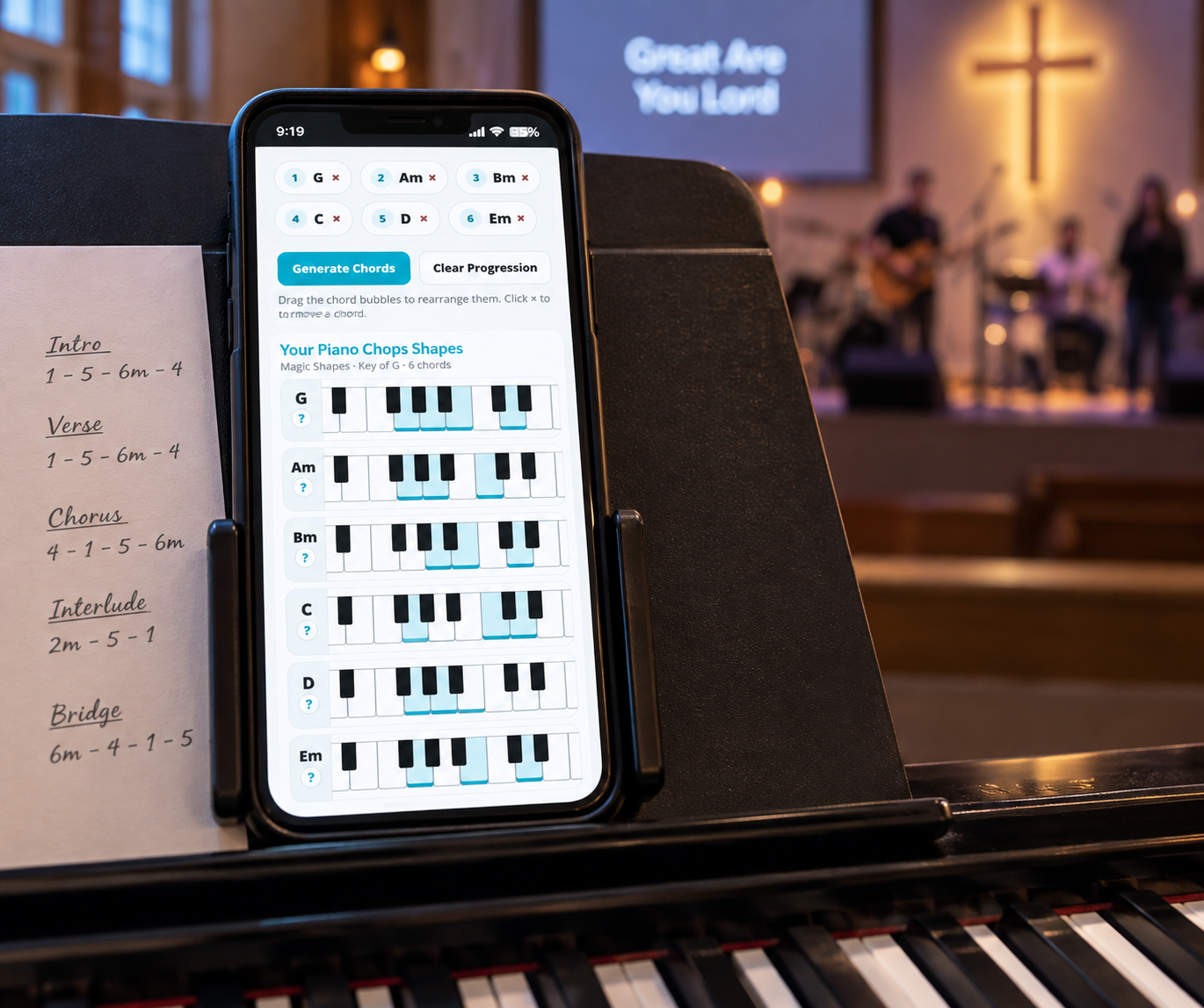 Piano Chops chord generator displayed on a phone on a music stand while playing piano in church